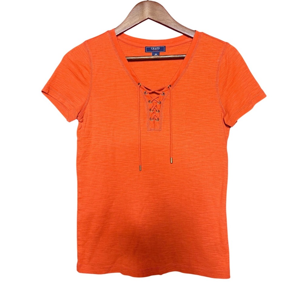 Chaps Denim Top Women Medium Orange Excellent Lace Up V-Neck Short Sleeve Cotton
